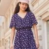 Anna Field V-Neck Sleeve Dress- Day Dress - Dark Blue/Pink