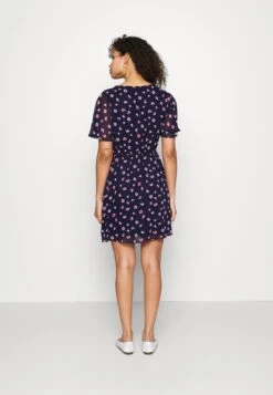 Anna Field V-Neck Sleeve Dress- Day Dress - Dark Blue/Pink -Fashion Shop 20c3fd60e6cc419788b7049ae2711e0a